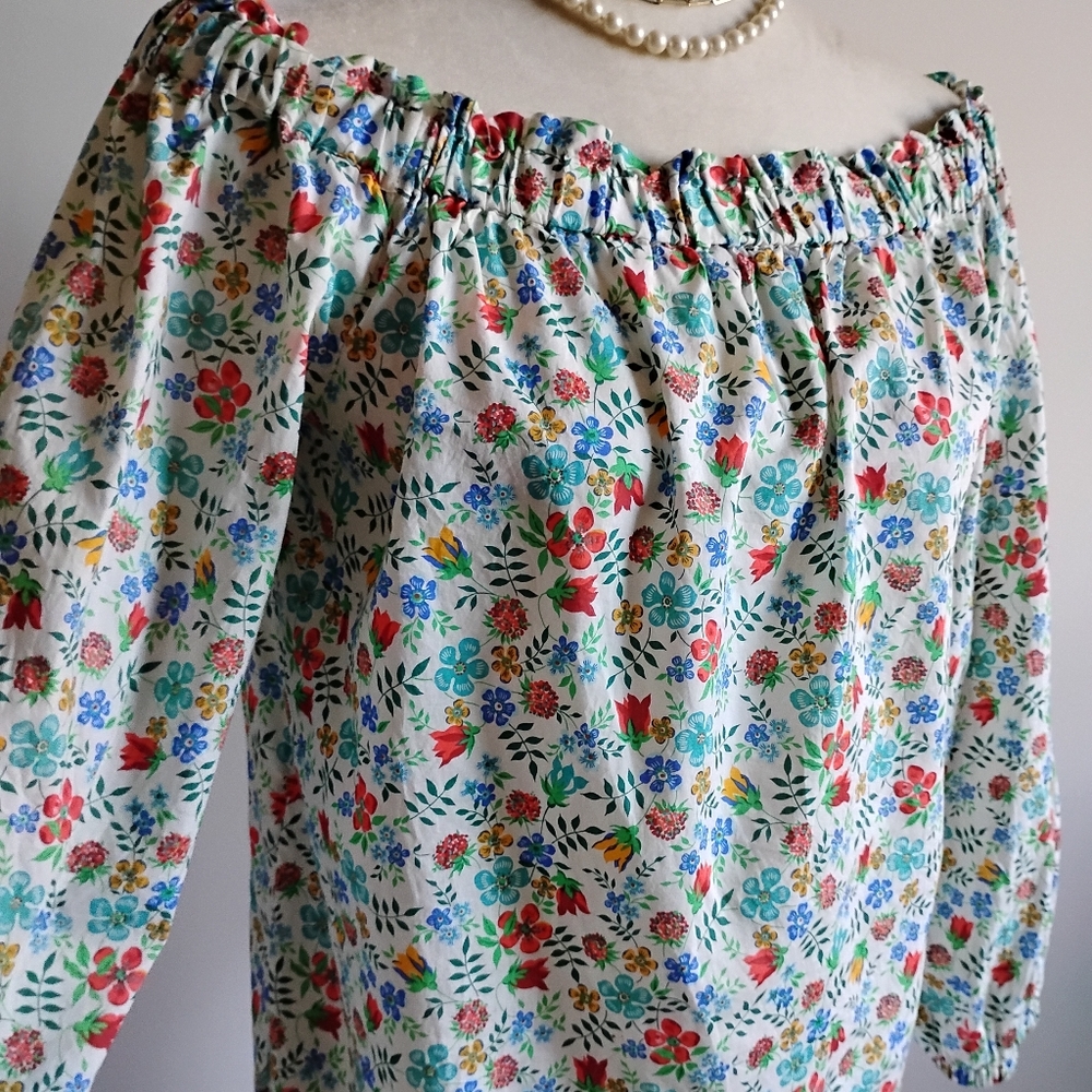 Liberty Art Fabric Tana Lawn Peasant Off The Shoulder Shirt Edenham Floral Sz 4 - Picture 3 of 14